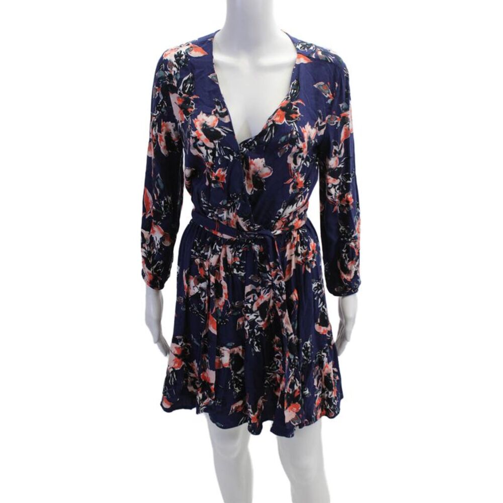 Splendid Women Wrap Mini Dress Dark Blue V-Neck Long Sleeve Floral Rayon Size S